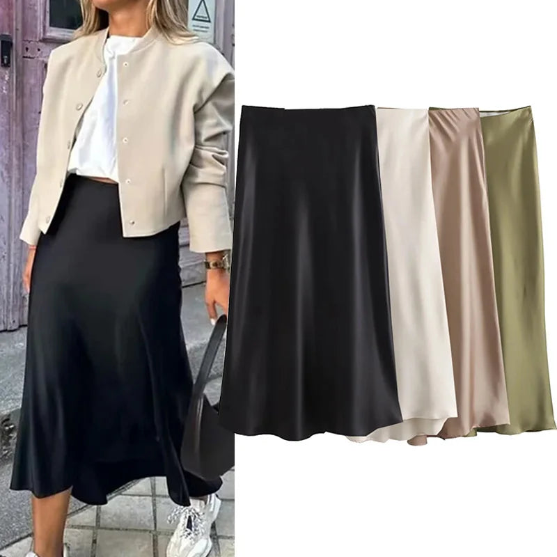 TRAF 2024 Black Satin Skirt Woman High Waist Elegant Long Skirts For