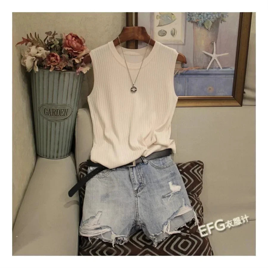 Summer Sleeveless Blouse Women O-neck Knitted Blouse Shirt Women