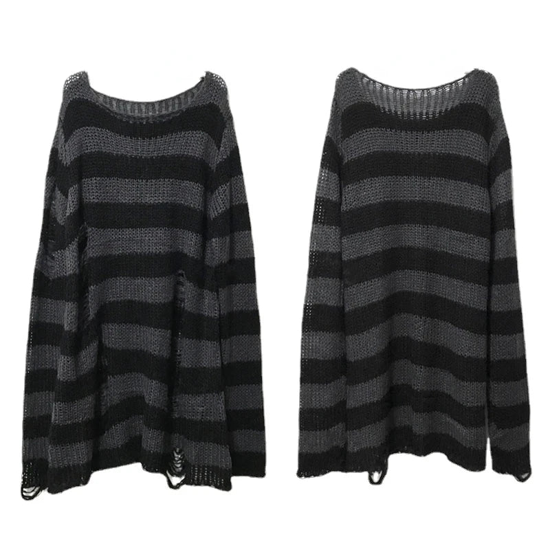 New Punk Gothic Long Unisex Sweater Summer Women Striped Cool Hollow