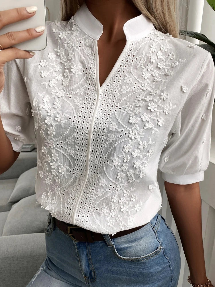 2024 Spring Embroidery Women Blouse Fashion Summer V-neck Lantern