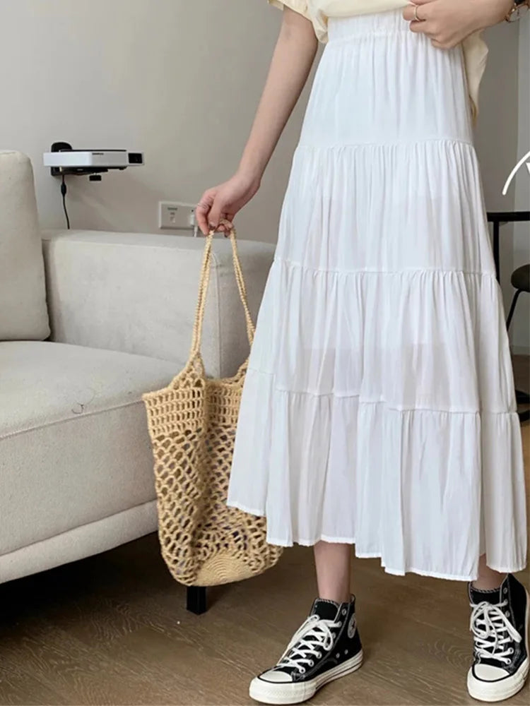 Spring Summer Women Chiffon Skirts Vintage High Waist Elastic