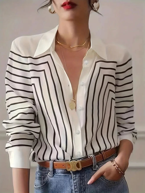 Women's Shirts & Blouses,Elegance Black and White Line Print Button