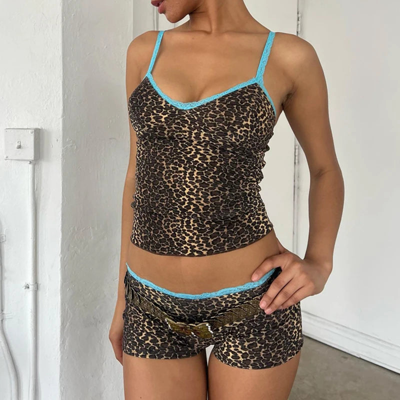 90s Rave Leopard Print 2 Piece Set Lace Trim Spaghetti Strap Camis +