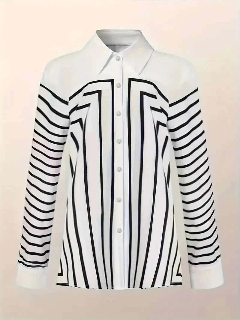 Women's Shirts & Blouses,Elegance Black and White Line Print Button