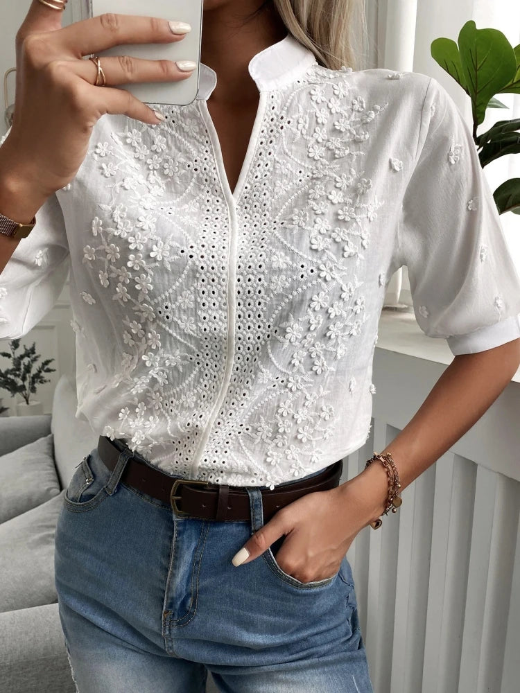 2024 Spring Embroidery Women Blouse Fashion Summer V-neck Lantern