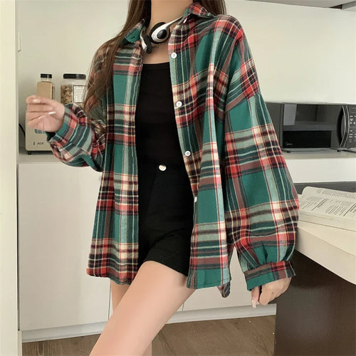 Plaid Shirt Women Autumn Long Sleeve Top Female Vintage Fashion Single