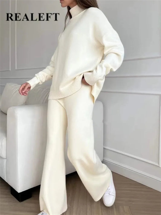 Autumn Winter 2 Pieces Women Sets Knitted Tracksuit Turtleneck Sweater