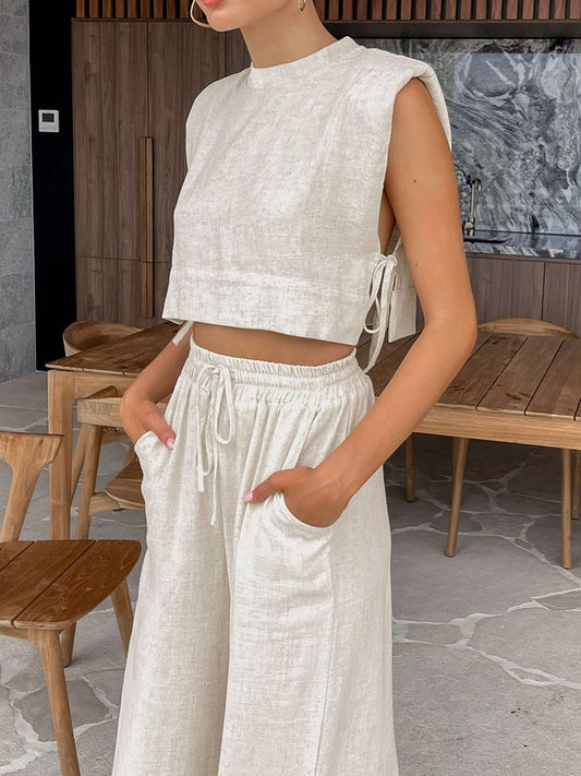 Spring Summer 2023 Women Holiday Linen Pant Set Crop Tops Solid