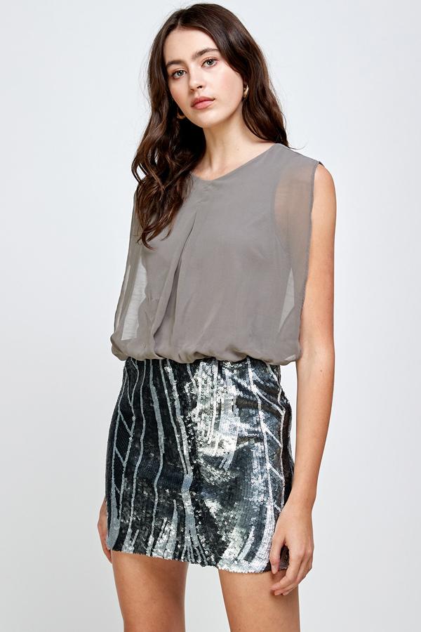 Sequin Skirt with Sleeveless Blouson Dress – Glamorous Party Look