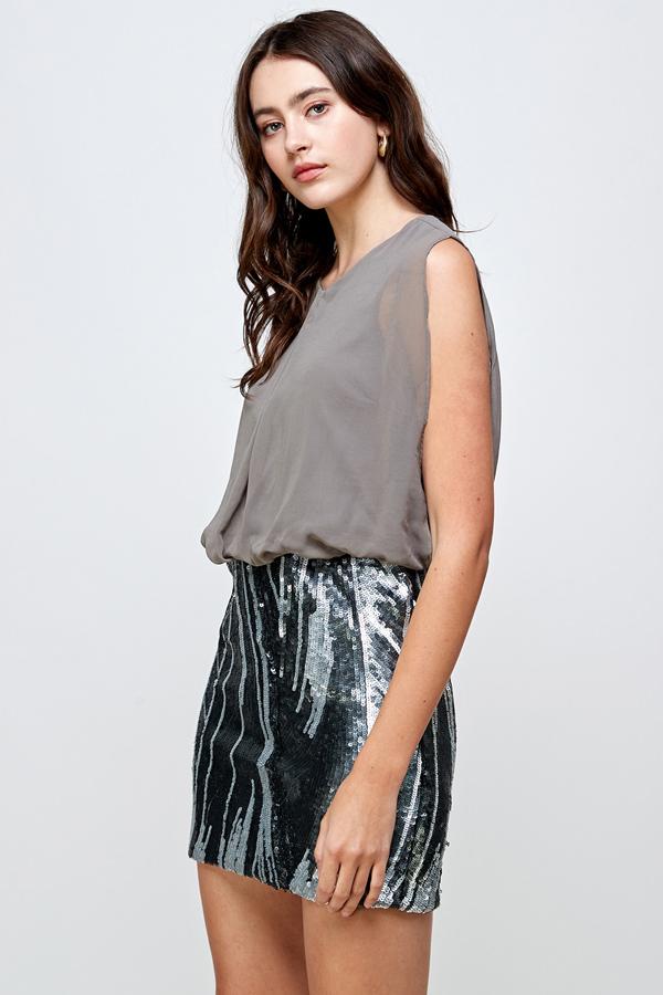 Sequin Skirt with Sleeveless Blouson Dress – Glamorous Party Look