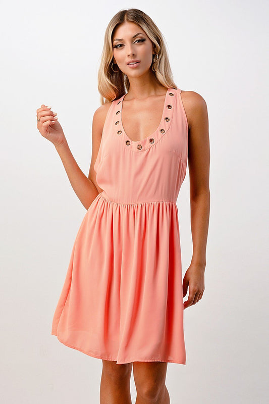 Sleeveless A-Line Dress with Grommet Detail