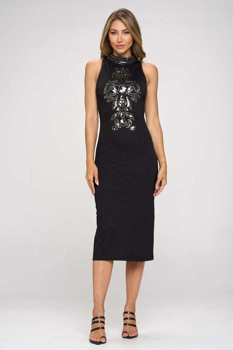 Women's Sleeveless Bodycon Dress with Embellished Front Detail