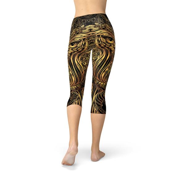 Womens Golden Ornament Owl Capri Leggings